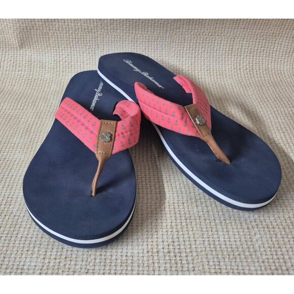 Tommy Bahama Women's Sandals Size 10 Flip Flops Blue & Pink Nautical Beach Vacay - Picture 2 of 12